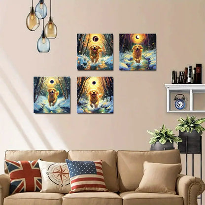 4pcs Vibrant Winter Forest Scene With Snowy Stre Wall Art Canvas Framed