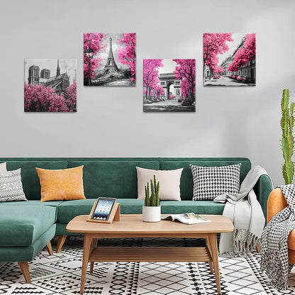 4pcs Pink Trees Eiffel Tower  Wall Art Canvas Framed