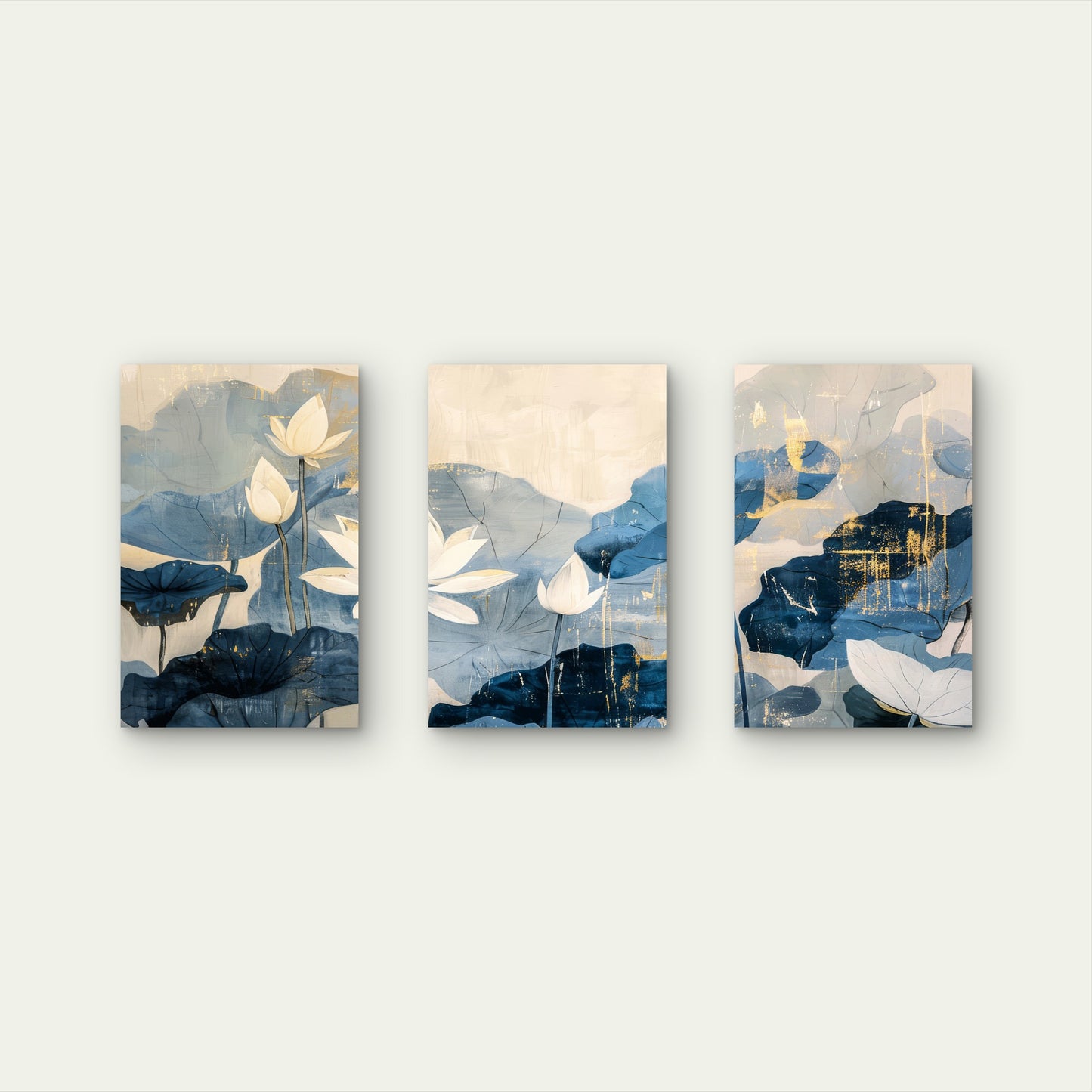 3pcs Abstract Blue Gold Lotus Flower Painting  Wall Art Set Canvas Framed 60x90cm - High Quality Print 100% Australian Made Wall Canvas Ready to Hang