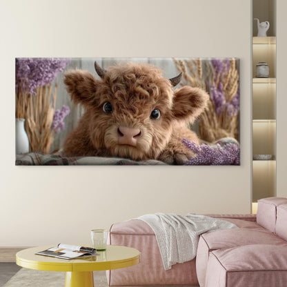 Cute Highland Cow with Purple Floral Wall Art Canvas Office Home Room Framed 120x60cm