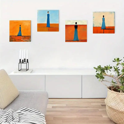 4pcs Blue & Orange Abstract Silhouette Woman Art Wall Art Canvas Framed