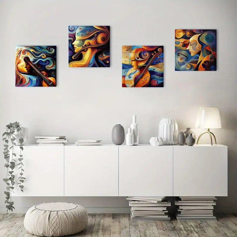 4pcs Vibrant Music-Themed Violin & Saxophone, Co Wall Art Canvas Framed