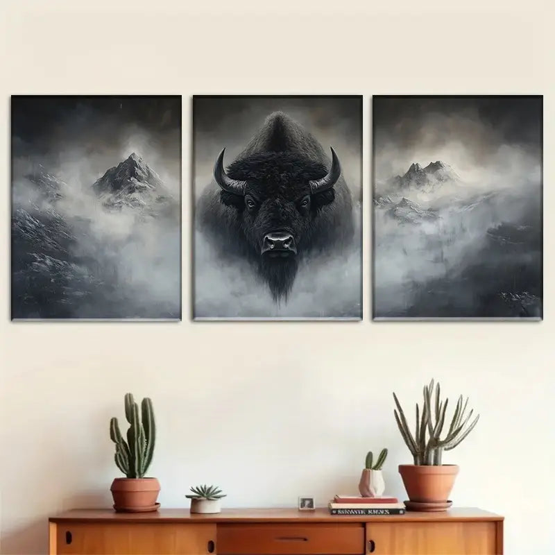 3pcs Majestic Bison In Foggy Mountains Metal Print Ready to Hang Art
