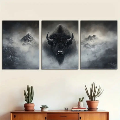 3pcs Majestic Bison In Foggy Mountains Metal Print Ready to Hang Art