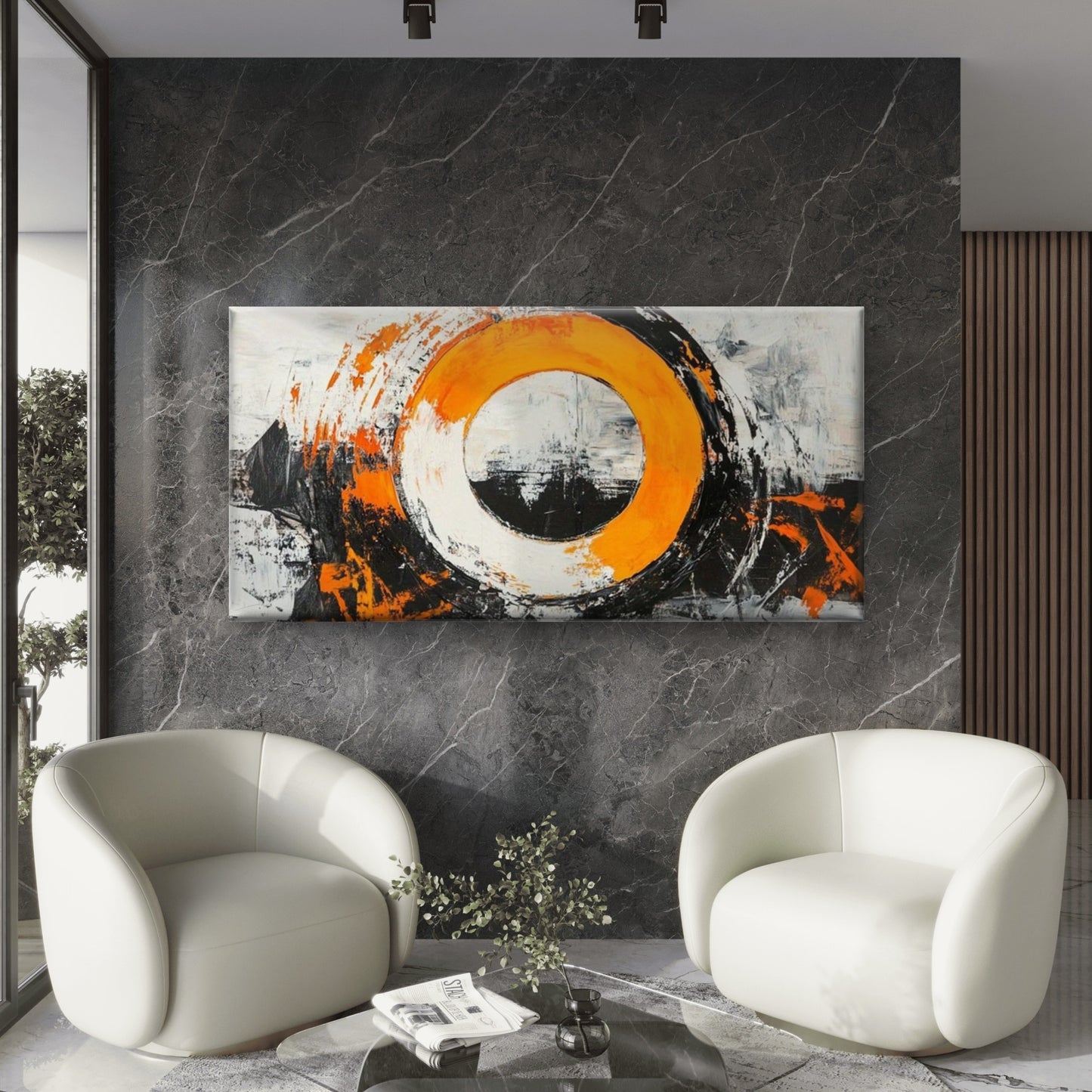 Vibrant Orange & Black Abstract Wall Art Canvas Office Home Room Framed 120x60cm