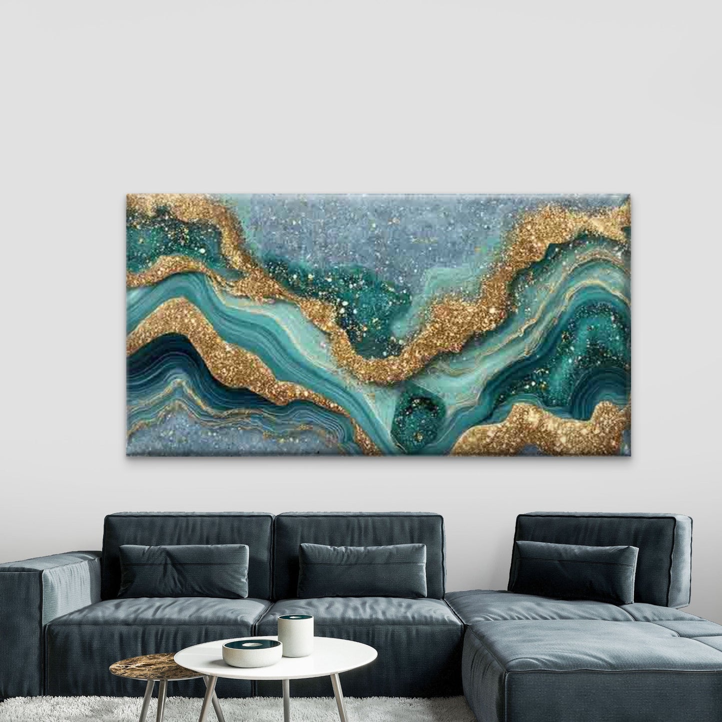 Turquoise & Golden Marble Wall Art Canvas Office Home Room Framed 120x60cm