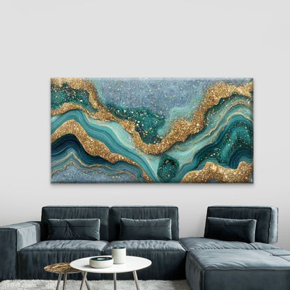 Turquoise & Golden Marble Wall Art Canvas Office Home Room Framed 120x60cm