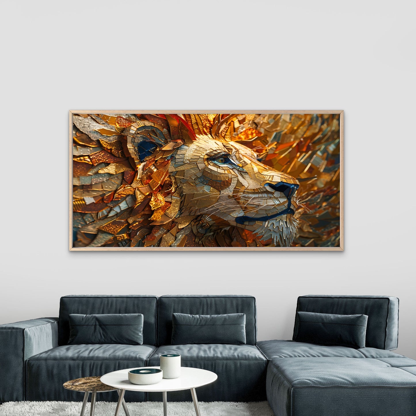 Mosaic Lion Fire Canvas Wall Art Canvas Office Home Room Framed 120x60cm