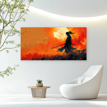 Samurai Katana Orange Dawn Wall Art Canvas Office Home Room Framed 120x60cm