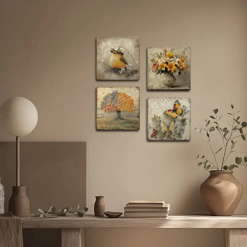 4pcs Bird, Tree And Butterfly,Yellow Flower Vase Wall Art Canvas Framed