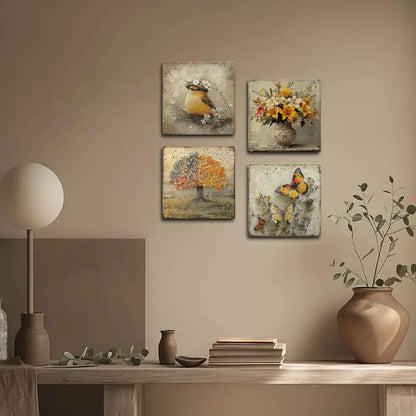 4pcs Bird, Tree And Butterfly,Yellow Flower Vase Wall Art Canvas Framed