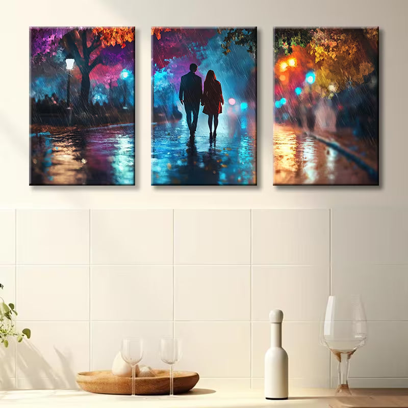 3pcs Lovers taking a walk in Vibrant Street Wall Art Set Canvas Framed 40x60cm - High Quality Print 100% Australian Made Wall Canvas Ready to Hang