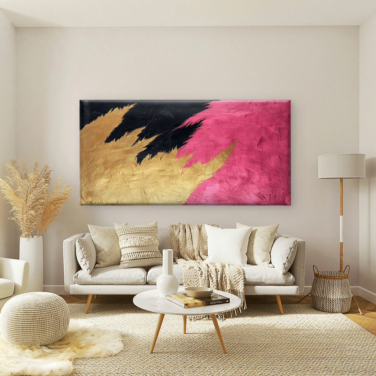 Pink Gold Black Abstract Wall Art Canvas Office Home Room Framed 120x60cm