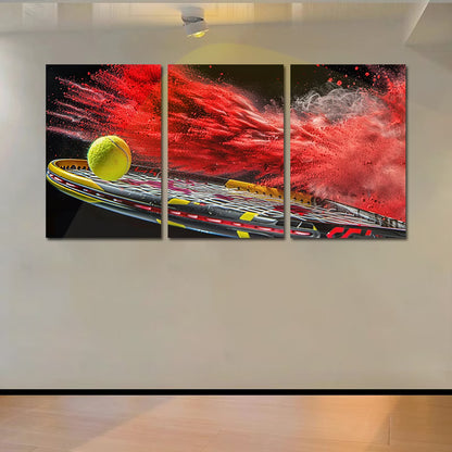 3pcs yellow tennis ball impacting a racket Wall Art Set Canvas Framed 40x60cm - High Quality Print 100% Australian Made Wall Canvas Ready to Hang