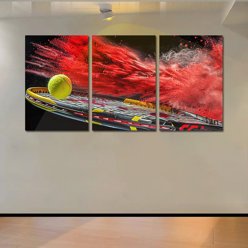 3pcs yellow tennis ball impacting a racket Wall Art Set Canvas Framed 50x70cm - High Quality Print 100% Australian Made Wall Canvas Ready to Hang
