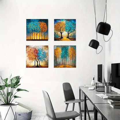 4pcs Tree Teal Blue and Yellow Tre Picture FS Wall Art Canvas Framed