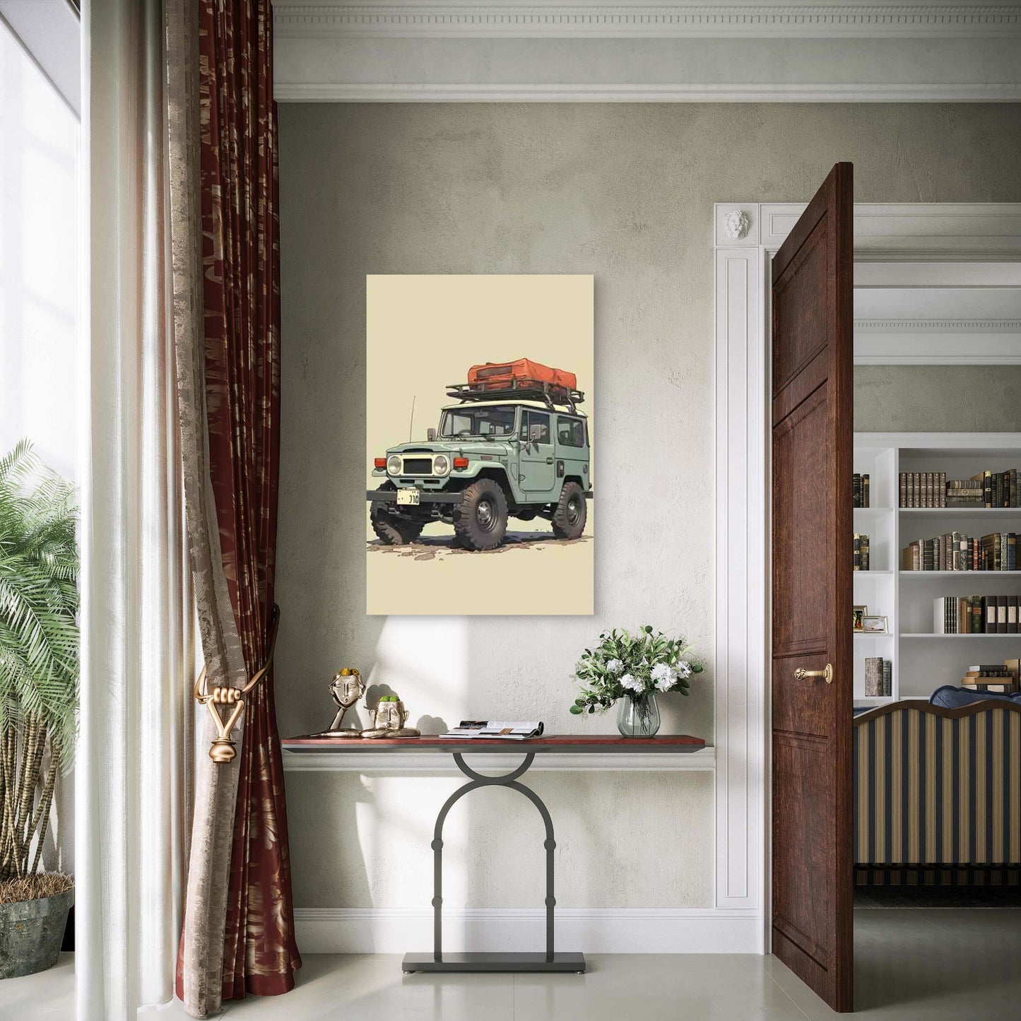 Vintage Green SUV Featuring a Roof Rack Metal Print Ready to Hang - Bella Home Decor