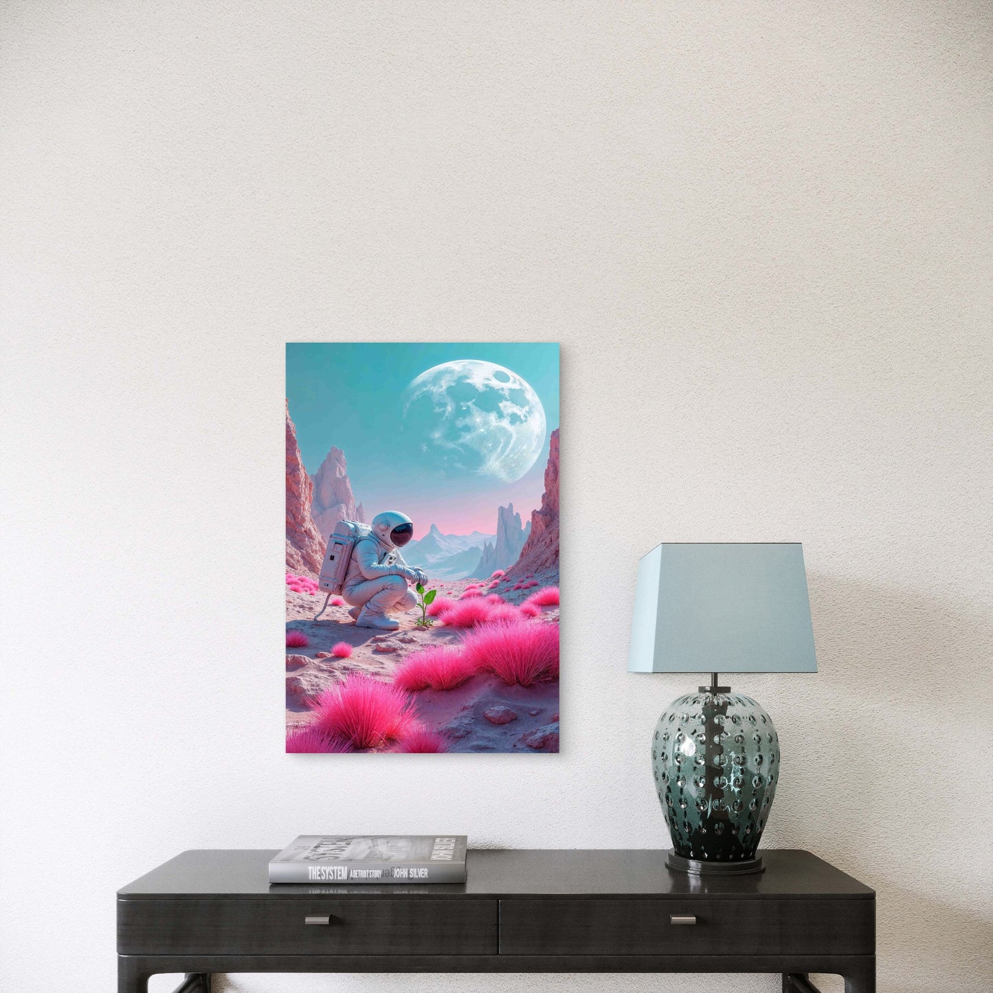 Astronaut Flower Pink Planet  60x90cm Metal Print Ready to Hang