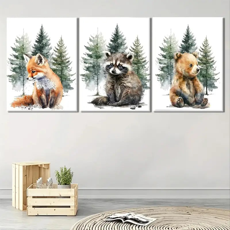 3pcs Forest Watercolor  Fox, Raccoon,Bear Painting Metal Print Ready to Hang Art - Bella Home Decor