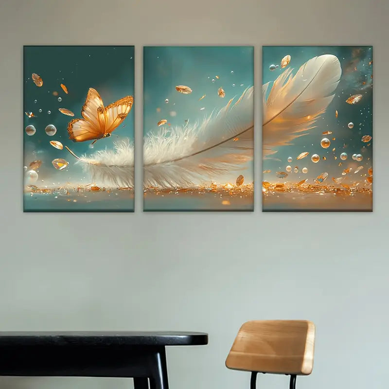 3pcs A White Feather With A Butterfly Flying Over Metal Print Ready to Hang Art - Bella Home Decor