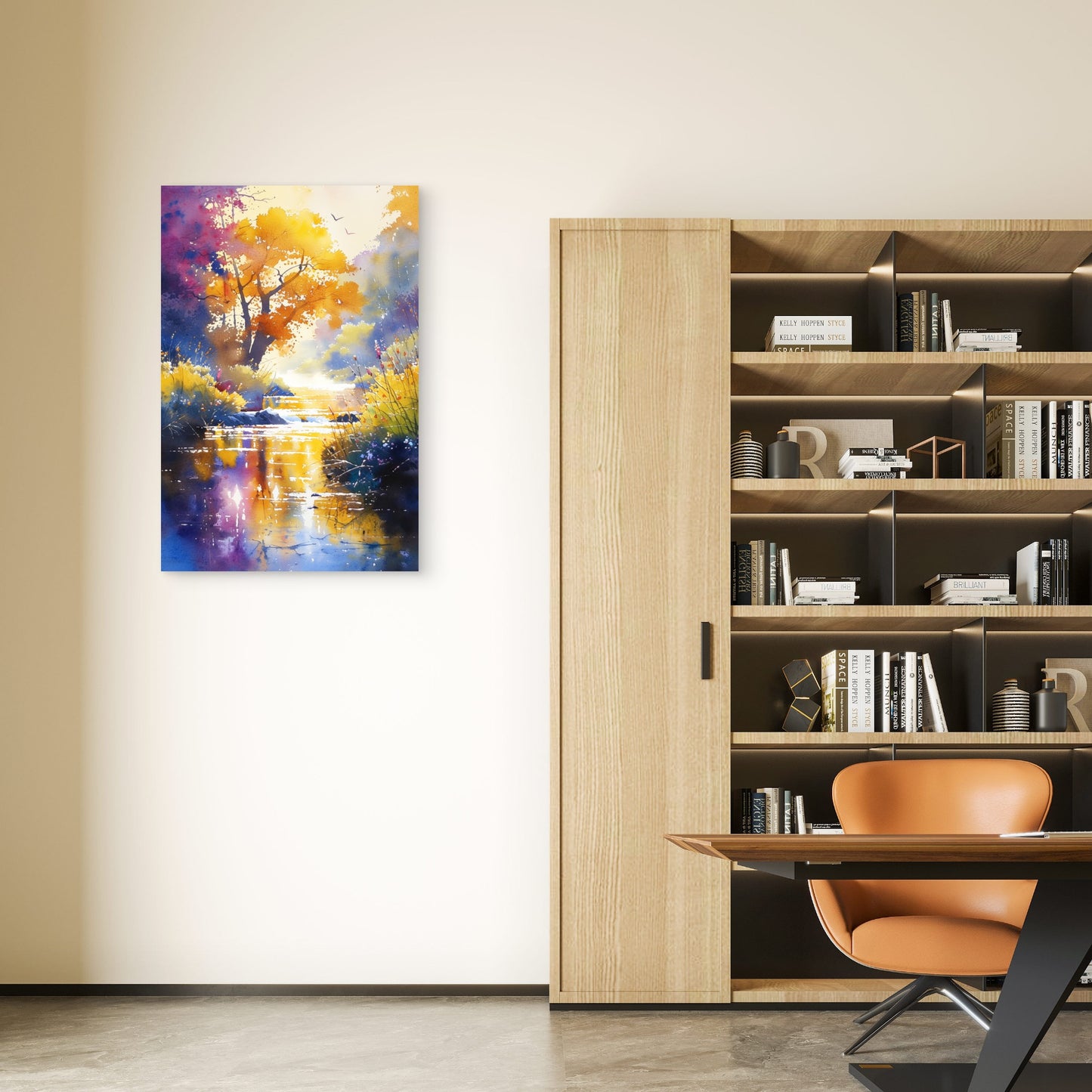 Watercolor Golden Tree River Sunset 40x60cm Metal Print Ready to Hang