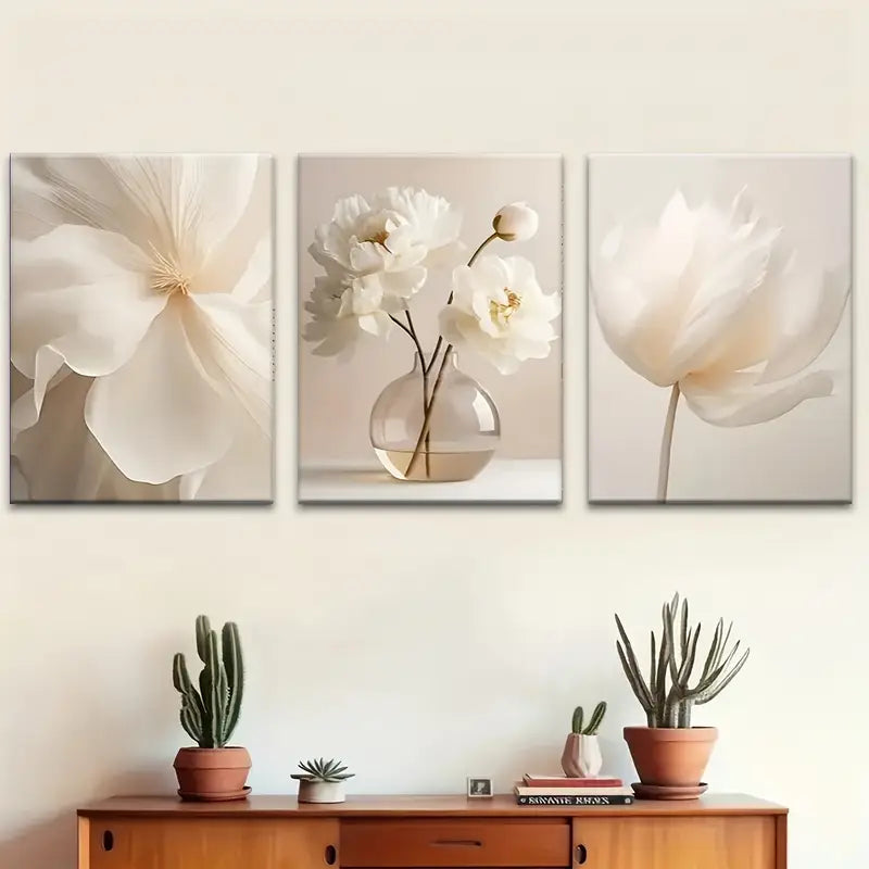 3pcs Simple White Peony Flowers Neutral Metal Print Ready to Hang Art