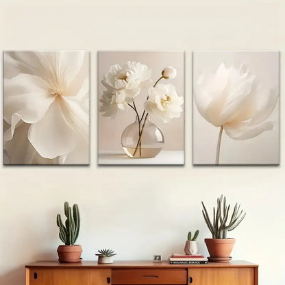 3pcs Simple White Peony Flowers Neutral Metal Print Ready to Hang Art