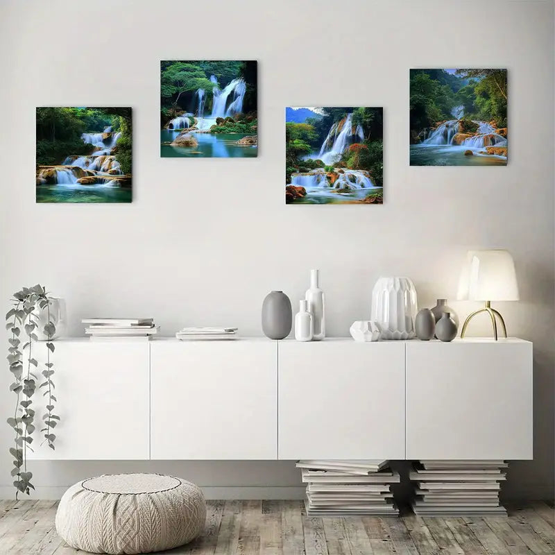 4pcs Green Trees River Spring Tropical Forest Wall Art Canvas Framed