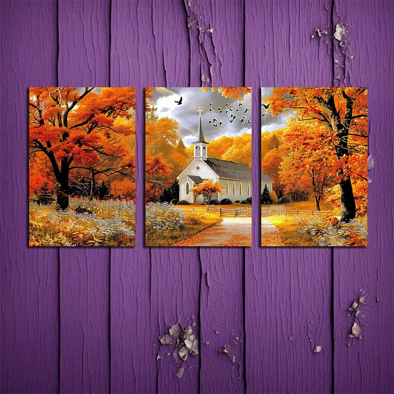 3pcs Cartoon Style Fall Landscape Metal Print Ready to Hang Art - Bella Home Decor