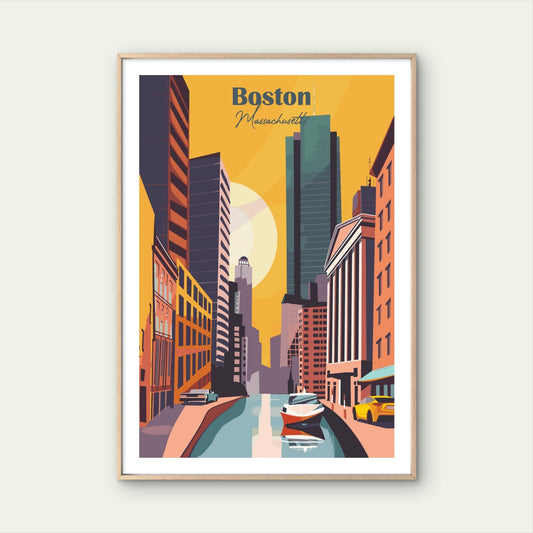 Stunning Urban Skyline In Boston USA Vintage Travel Poster Print Wall Art