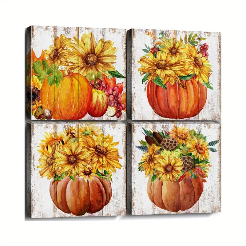 4pcs Colorful Pumpkin  Sunflower Wall Art Canvas Framed