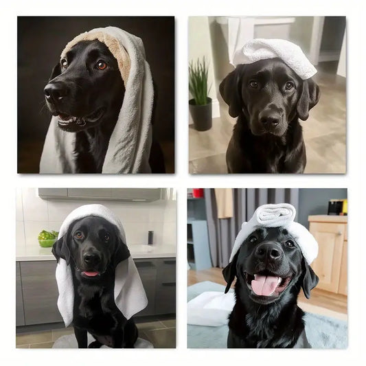 4pcs Fun Black Labrador Bath Tim Wall Art Canvas Framed
