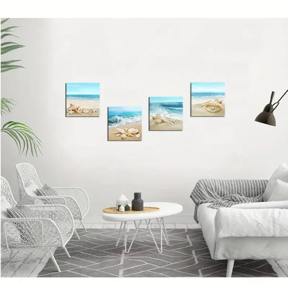 4pcs Sands Seashell Starfish Nature Pictures Wall Art Canvas Framed