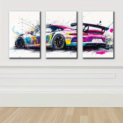 3pcs Stunning Vibrant Car Design Wall Art Set Canvas Framed 40x60cm - High Quality Print 100% Australian Made Wall Canvas Ready to Hang