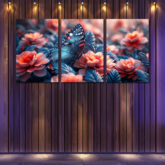 3pcs Vibrant Butterfly Among Blossoms Wall Art Set Canvas Framed 50x70cm - High Quality Print 100% Australian Made Wall Canvas Ready to Hang
