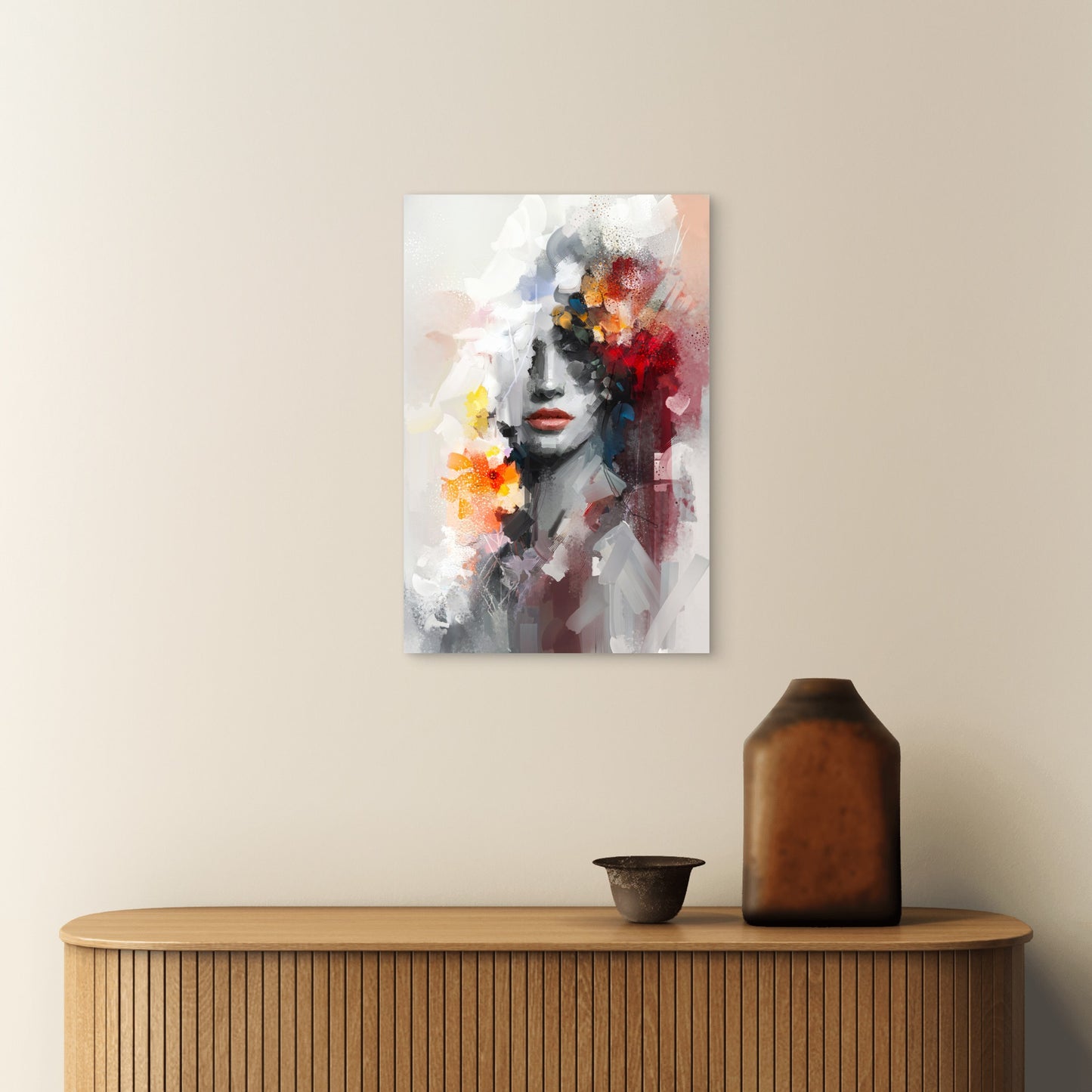Abstract Woman Face Red Floral Hair 40x60cm Metal Print Ready to Hang