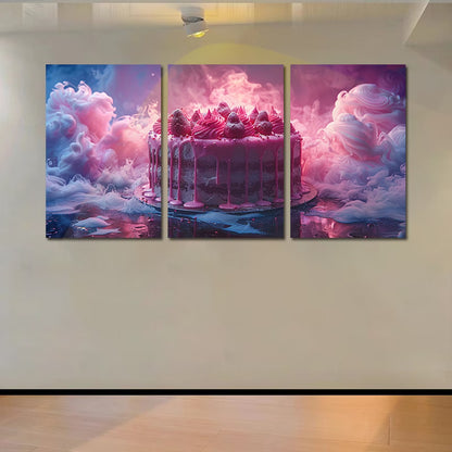 3pcs Surreal Magical Birthday Cake Wall Art Set Canvas Framed 50x70cm - High Quality Print 100% Australian Made Wall Canvas Ready to Hang