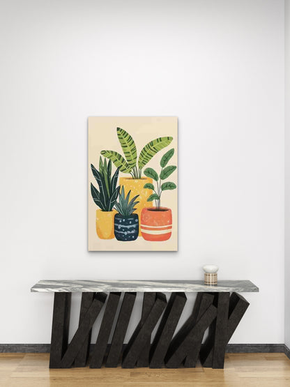Vibrant Potted Plants in Colorful Vessels 60x90cm Metal Print Ready to Hang