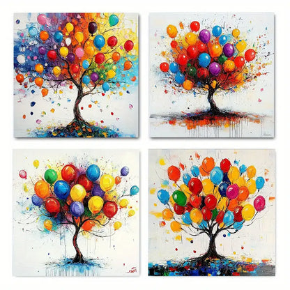 4pcs Vibrant Abstract Tree & Balloon Wall Art Canvas Framed