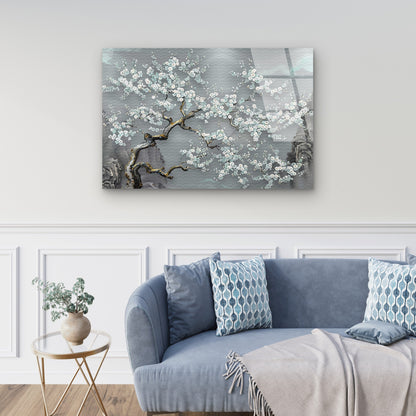 Traditional Chinese Blossom Tree Painting On Grey Landscape Acrylic Glass Printing Wall Art Australian Made Quality