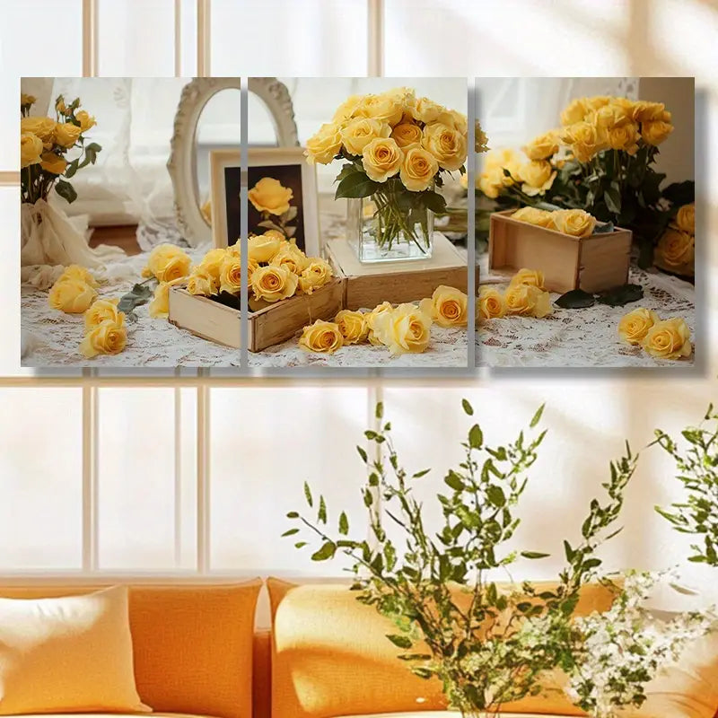 3pcs A Yellow Rose Metal Print Ready to Hang Art - Bella Home Decor