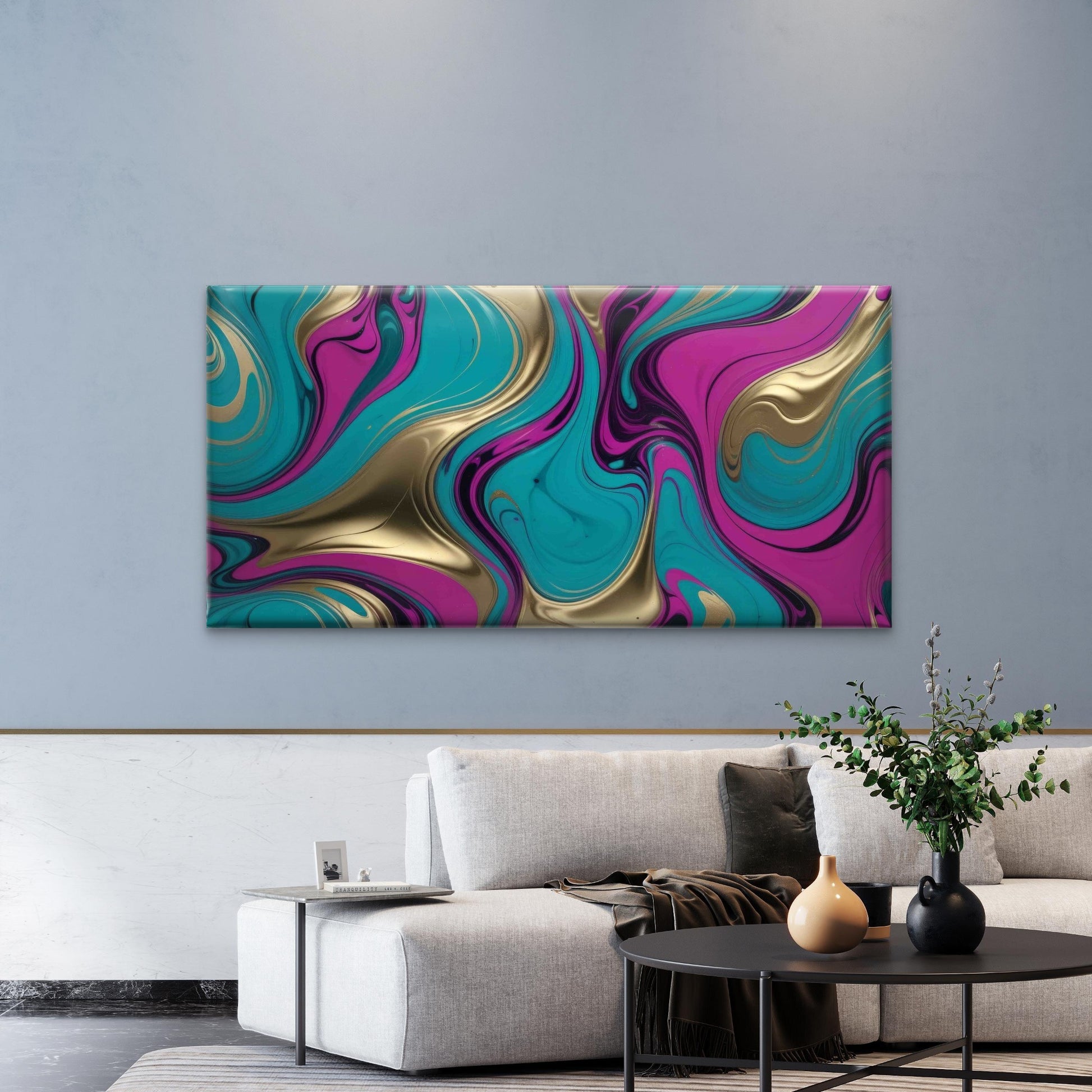 Abstract Swirling Blue Gold PinkWall Art Canvas Office Home Room Framed 120x60cm - Bella Home Decor