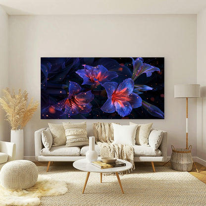 Mystical Blue Neon Flowers Wall Art Canvas Office Home Room Framed 120x60cm