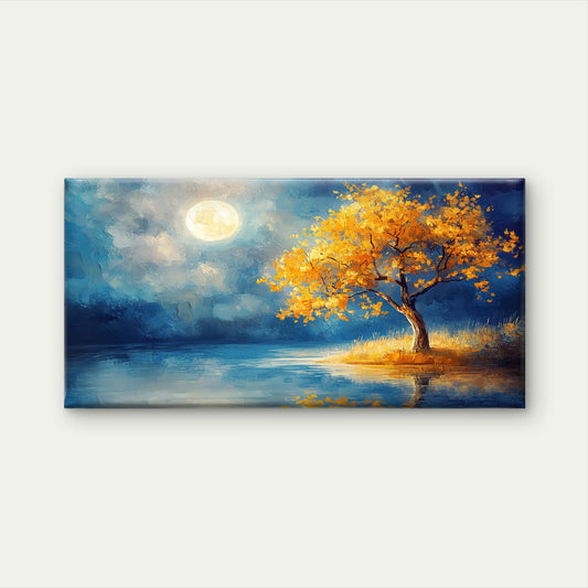 Yellow Tree Full Moon Night Wall Art Canvas Office Home Room Framed 120x60cm