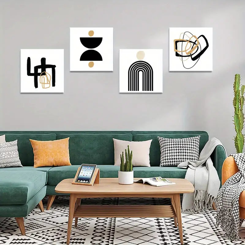 4pcs  Black & Golden Abstract  Wall Art Canvas Framed