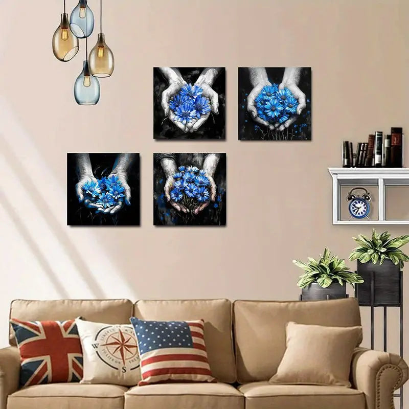 4pcs Cornflower Blue Flowers Elegant Modern  mn    Wall Art Canvas Framed