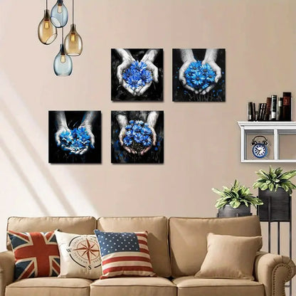 4pcs Cornflower Blue Flowers Elegant Modern  mn    Wall Art Canvas Framed