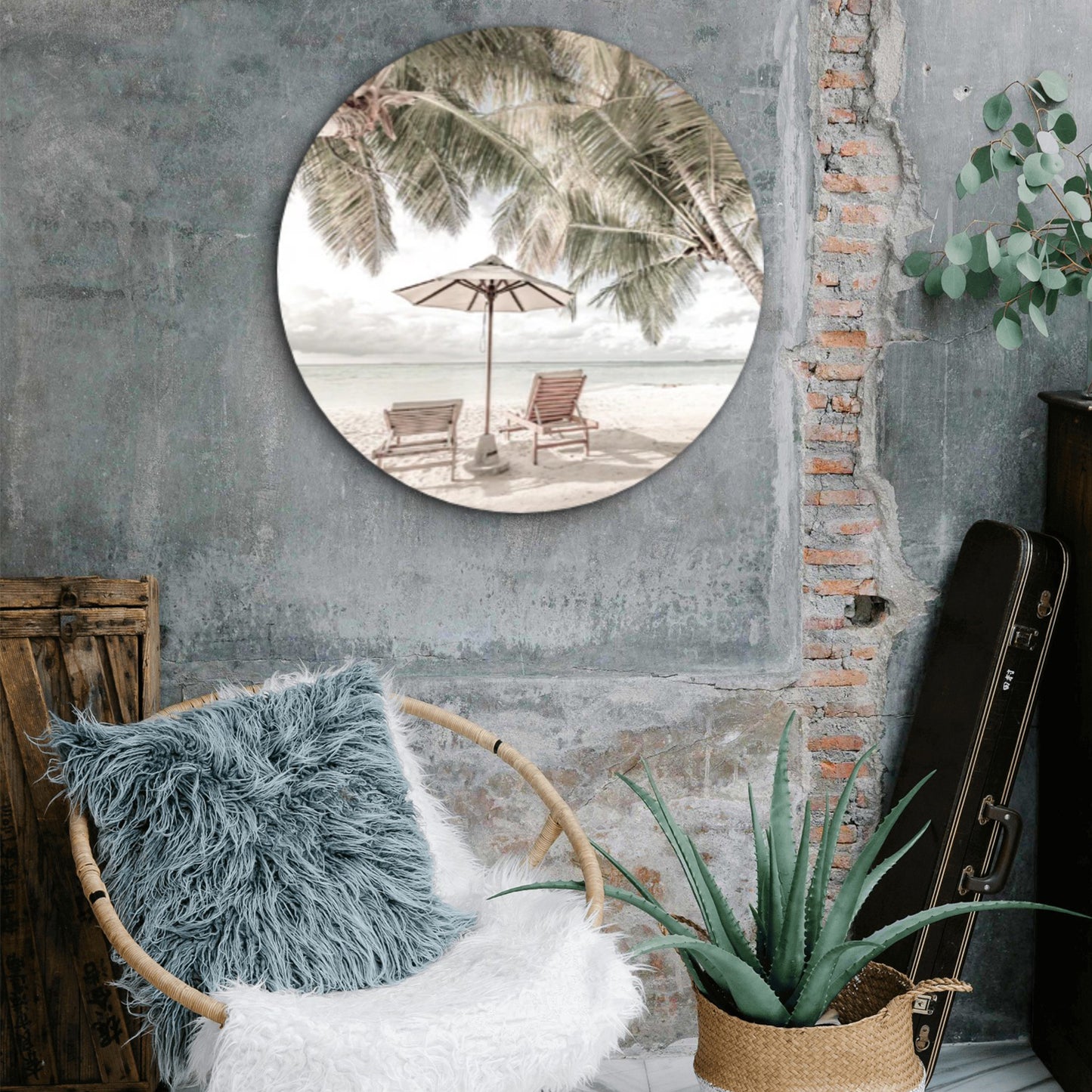 Beach Huts & Plam Trees Sea Acrylic Glass Rounded Print Tempered Glass Wall Art 100% Made in Australia Ready to Hang