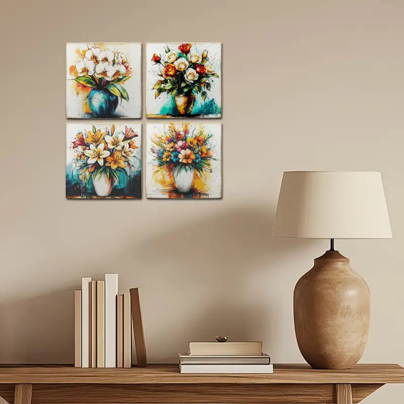 4pcs Water Colour Flower Vase Wall Art Canvas Framed - Bella Home Decor