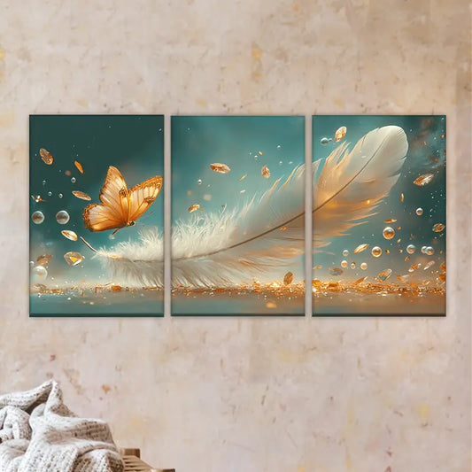3pcs A White Feather With A Butterfly Flying Over Metal Print Ready to Hang Art